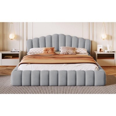 Sapphtopaz Velvet Queen Bed Frame Floor Bed with Shell-Shaped Headboard  Bedroom Furniture, No Box Spring Needed