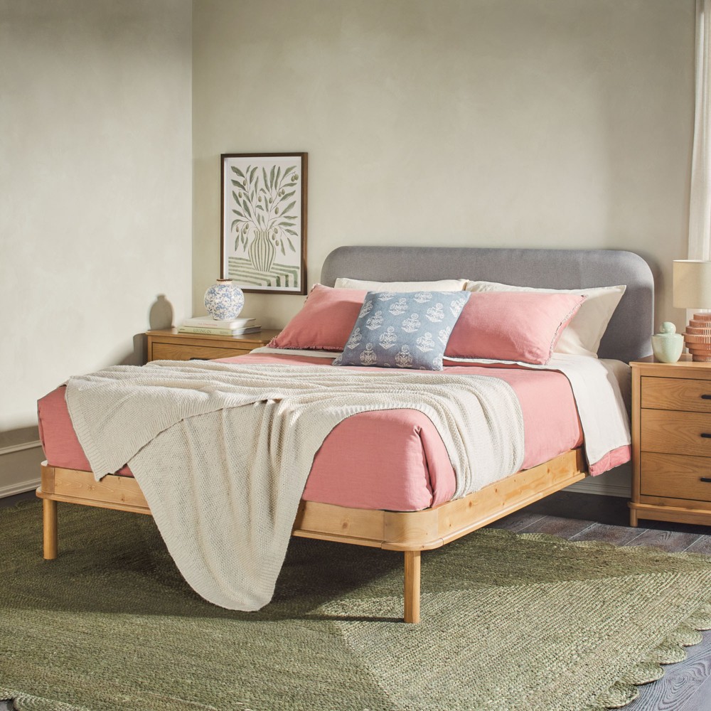 Saracina Home Queen Contemporary Solid Wood and Curved Fabric Headboard Bed Black/Gray