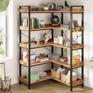 Bookshelf 5 Tier with 4 Hooks, Reversible Corner Bookshelf, 165cm Industrial Wooden Bookcase with Open Shelves and Metal Frame for Living Room - 1 of 4