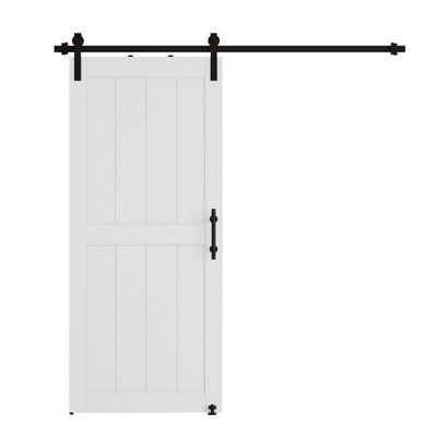 Dolonm 30 in. x 84 in MDF White H-Shaped Barn Door with Hardware (Includes Round Tube Handrail and Swing Stop)