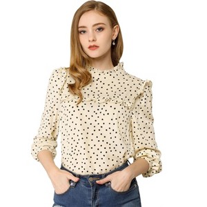 Allegra K Women's Vintage Ruffle Stand Collar Long Sleeves Polka Dots Blouse - 1 of 4