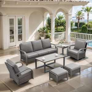 Belord 7PCS Outdoor Patio Furniture Set, All Weather Brown Wicker Outdoor Conversation Set with Sofa, Swivel Chair, Ottoman, Coffee Table, Side Table - 1 of 4