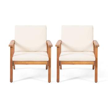 Temecula 2pk Outdoor Acacia Wood Club Chairs with Cushions - Brown Patina/Cream - Christopher Knight Home