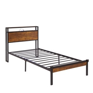 Gulches Black Brown Metal Frame Twin Platform Bed with Wood Headboard USB Under Bed Storage 400LBS Black Brown - 1 of 4