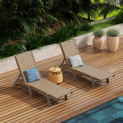 Weathered Wood Armless Adjustable Outdoor Chaise Lounge Set