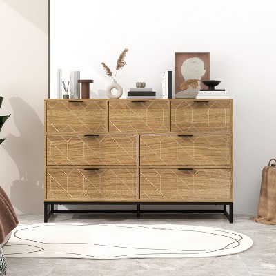 TIRAMISUBEST 7-Drawer Dresser - Modern Wood Storage Cabinet w/ Metal Base, Walnut Finish for Bedroom & Living Room