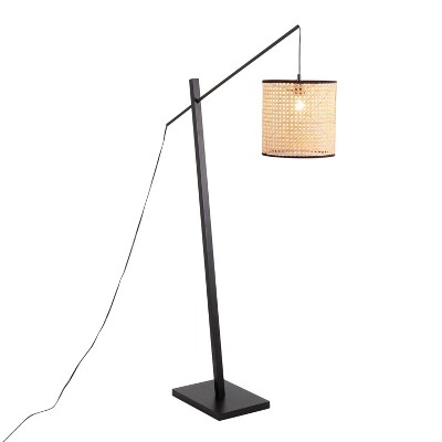 Arturo Black Wood and Steel Floor Lamp with Rattan Shade