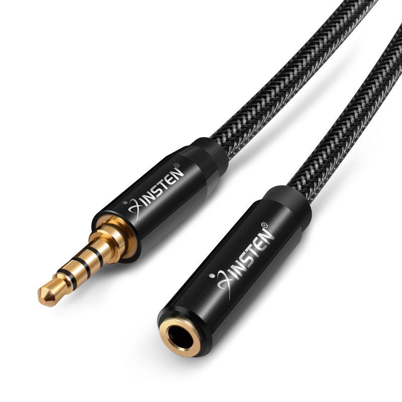 Insten 3.5mm Headphone Extension Cable, Male to Female, TRRS for Stereo Earphones with Microphone, 3 Feet, Black, 1 of 8