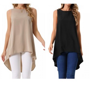INSPIRE CHIC Women's Casual High Low Blouse Sleeveless Crewneck Asymmetrical Hem Flowy Blouse 2 Packs - 1 of 4