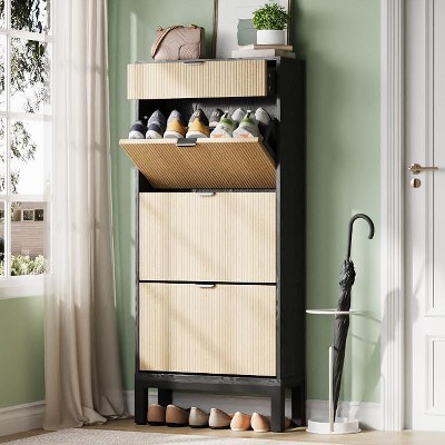 Shoe Storage Cabinet with 3 Flip Drawers, Farmhouse Fluted Shoe Organizer with Metal Legs, Freestanding Hidden Slim Narrow Shoe Rack