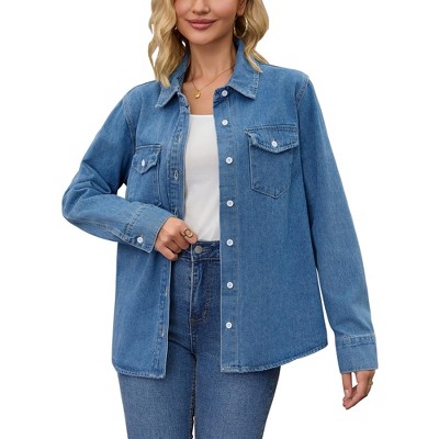INSPIRE CHIC Women's Jean Long Sleeve Button Down Lightweight Denim Western Shacket with Pockets
