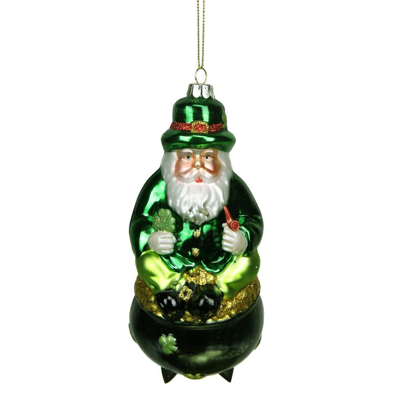 NORTHLIGHT 6" Luck of the Irish Santa Sitting on Pot of Gold Glass Christmas Ornament - Green/White, 1 of 2