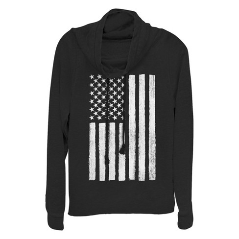 Junior's Lost Gods Distressed Black and White American Flag Cowl Neck Sweatshirt - image 1 of 4