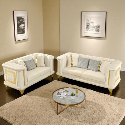 2PCS Velvet Luxury Sofa Set with Gold Stainless Steel Trims and Embroidered Texture, 89" 3-Seater & 69" Loveseat Tufted Couch for Living Room