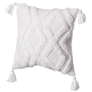 16" Handwoven Cotton Throw Pillow Cover with White Tufted Patterns and Tassel Corners, with Insert - 1 of 4