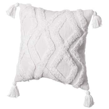 16" Handwoven Cotton Throw Pillow Cover with White Tufted Patterns and Tassel Corners, with Insert