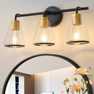 POWLIG 22-in 3-Light Modern Black Gold Dimmable Bathroom Vanity Light with Cone Clear Glass Shade - 1 of 4