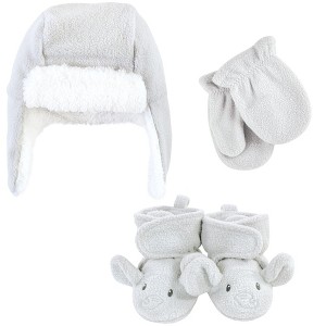 Hudson Baby Trapper Hat, Mitten and Bootie Set, Gray Elephant - 1 of 4