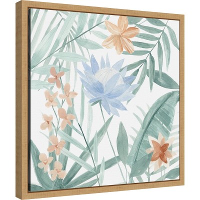 Tropical Palm and Blossoms Botanical Canvas Print in Wooden Frame