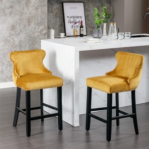 QingMoon Velvet Bar Stools Set of 2, with Button Tufted Decoration, Solid Wood Legs, for Kitchen Island Dining, Cafe, Pub - 1 of 4