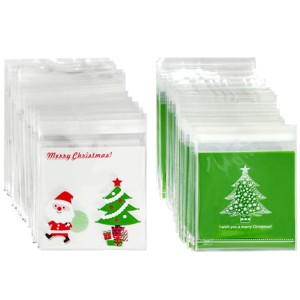 Wrapables Transparent Self-Adhesive 4" x 4" Candy and Cookie Bags, Favor Treat Bags for Parties and Wedding (200pcs), Christmas Trees - 1 of 4