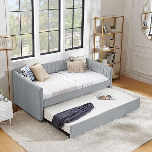 NicBex Twin/Full Size Daybed with Trundle,Linen Upholstered Sofa Bed with Vertical Stripes for Bedroom,Living Room,Apartment - 1 of 4