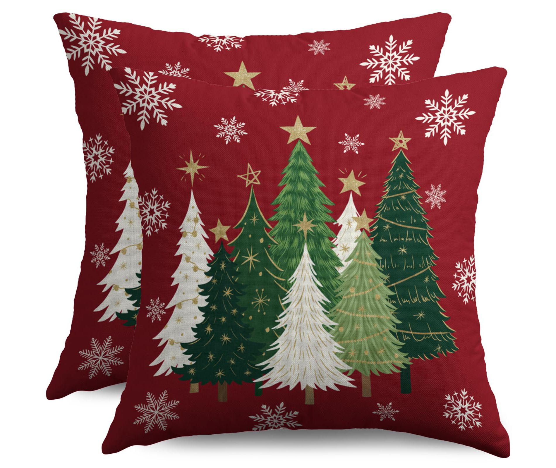 Christmas Pillow Covers 18X18 Set of 2, Green White Xmas Tree Snowflake Dark Red Winter