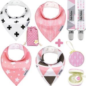Dodo Babies Baby Bandana Drool Bibs For Girls + 2 Pacifier Clips + Pacifier Case in a Gift Bag, Pack of 4 Premium Quality - 1 of 4