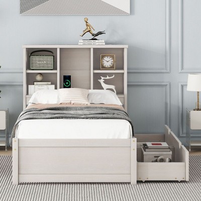Modern Twin Size Bed Frame,Double Bed With Storage,Bed Frame With Charging Ports,Headboard With Storage,Bookshelf Headboard-Cuddlewood