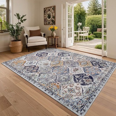 Washable Vintage Printed Rug Non Slip Low Pile Rug Soft Retro Throw Floor Cover Foldable Indoor Carpet for Living Room Bedroom Playroom Nursery