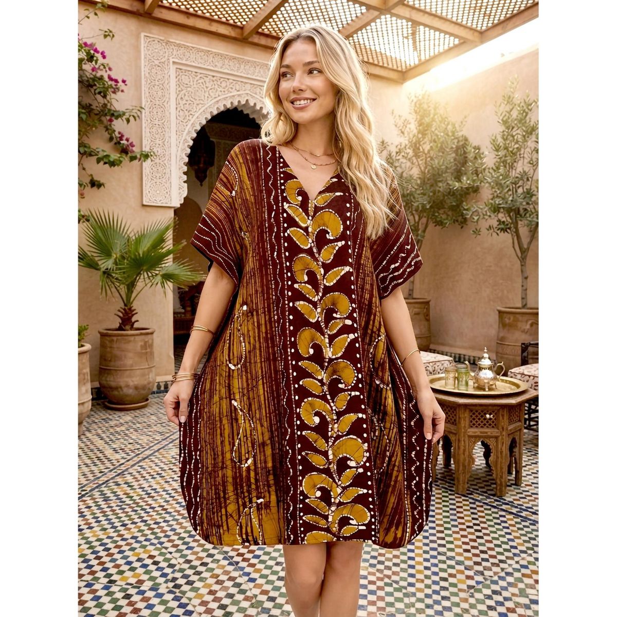 LA LEELA Summer Cotton Resortwear Caftan for Women Vacation Cruise Holiday Loungewear Maternity Friendly Beachwear Dress 2X-3X Brown Paisley - thumbnail 3