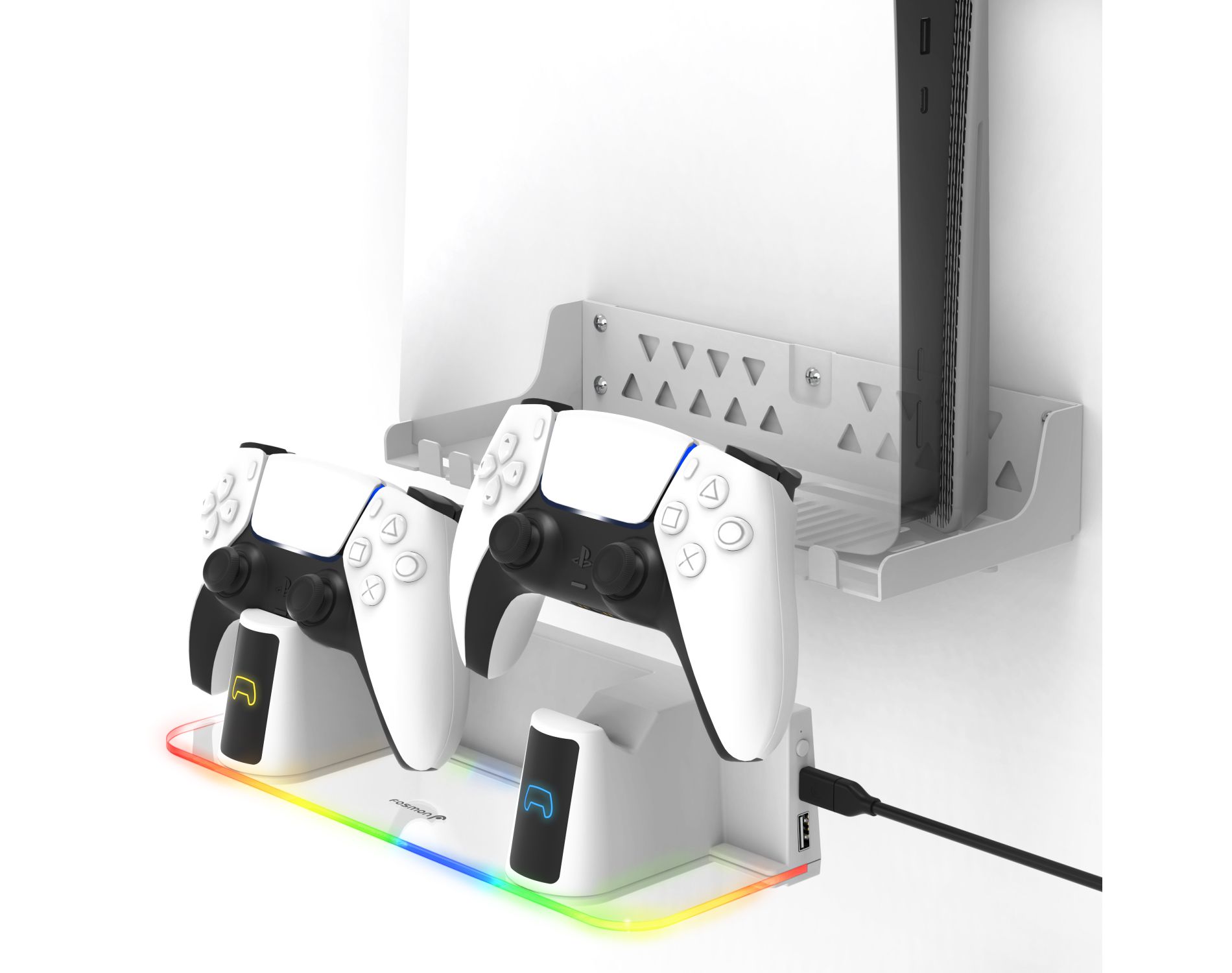 Fosmon For PS5 Wall Mount Controller Charger Station, PS5 Wall mount Kit with RGB Charging Station, PS5 Stand USB C / A For Playstation 5 PS5 Pro Slim