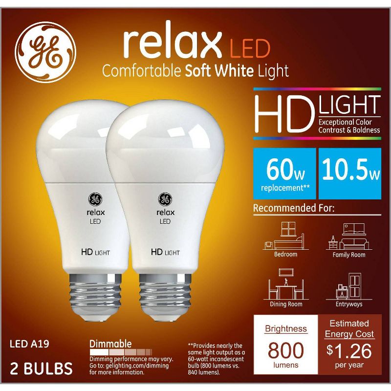 GE 2pk 10W 60W Equivalent Relax LED HD Light Bulbs Soft White, 1 of 6