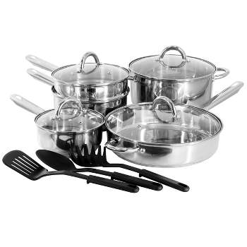At Home Pirlo 12 Piece Heavy Gauge Stainless Steel Cookware and Utensil Set in Silver