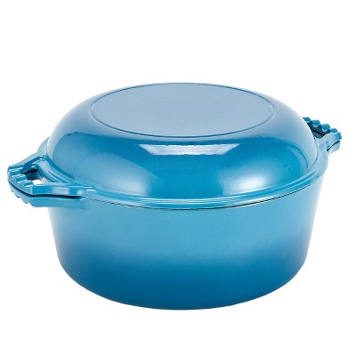 Blue Enameled Cast Iron Dutch Oven with Skillet Lid, 7 Quart