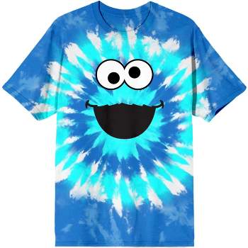 Sesame Street Cookie Monster Big Face Crew Neck Short Sleeve Blue & White Tie Dye Men’s T-shirt
