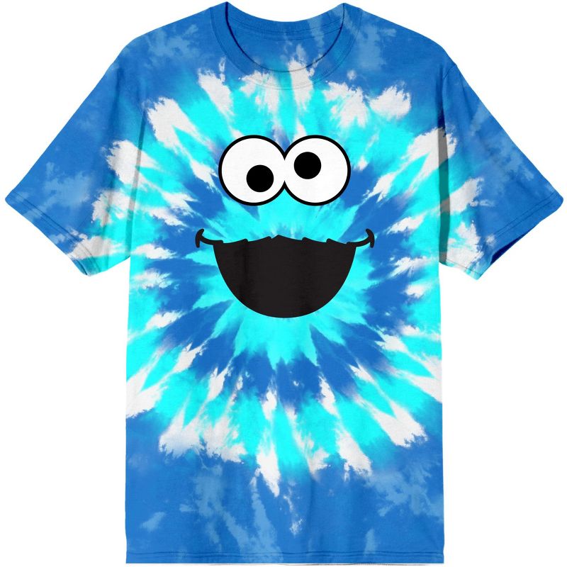 Sesame Street Cookie Monster Big Face Crew Neck Short Sleeve Blue & White Tie Dye Men's T-shirt, 1 of 3