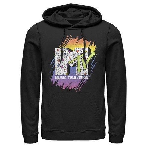 Men s Mtv 80s Print Pattern Logo Pull Over Hoodie Black Small