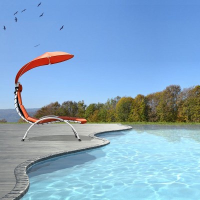 Orange Hanging Chaise Lounger with Cushions and Canopy