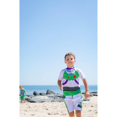 Disney Toy Story Little Boys' Cosplay 2-Piece Short Sleeve Raglan Swim Shirt and Board Shorts Outfit Buzz Lightyear White 5-6 — фото 3