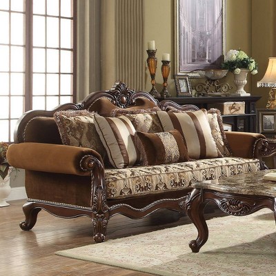 Jardena 89" Multicolor Fabric and Cherry Oak Sofa with Pillows