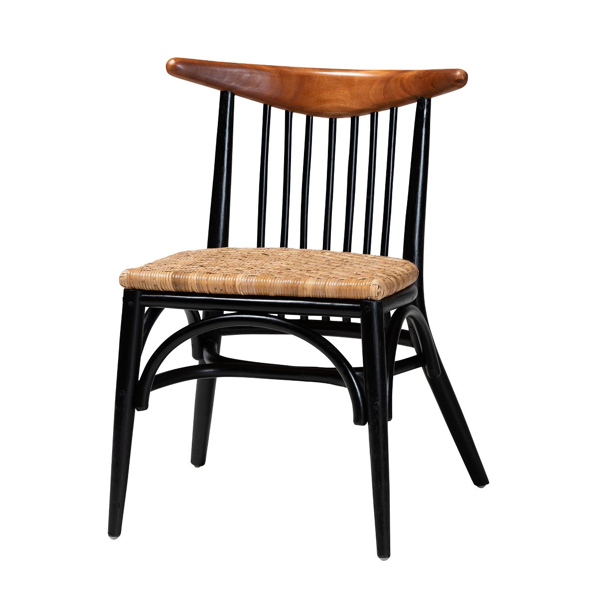 bali & pari Parthenia Mid-Century Modern Two-Tone Black and Walnut Brown Finished Mahogany Wood and Natural Rattan Dining Chair - thumbnail 2