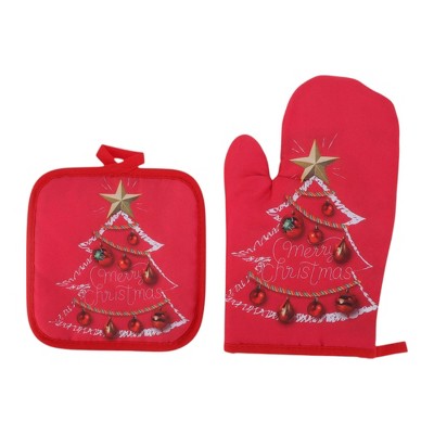 Unique Bargains Oven Mitts and Pot Holder Jingle Bells Christmas Polyester Closed Cell Foam Red
