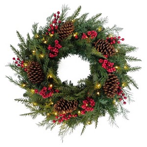 Puleo 24" Pre-Lit Adorned Wreath Battery-Operated Warm White LED Lights - 1 of 4