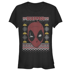 Juniors Womens Marvel Ugly Christmas Deadpool Mask T-Shirt - 1 of 3
