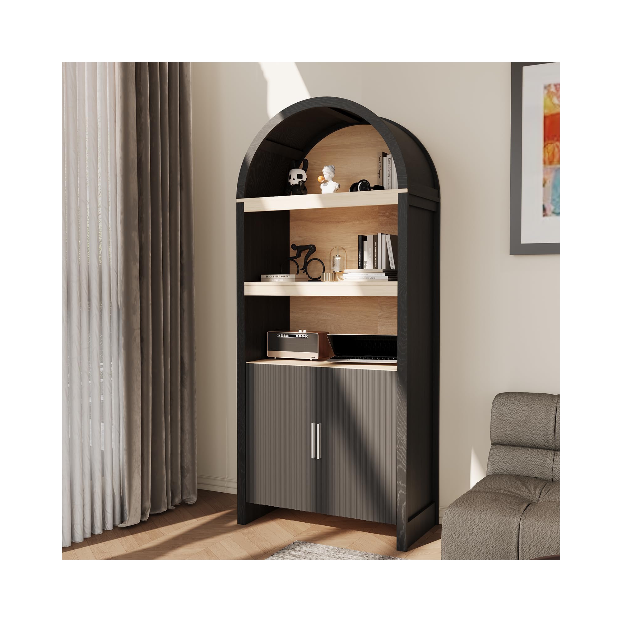 71 Inch Tall Bookcase Arched Cabinet, Modern 5 Tier Bookshelf, with Fluted Doors & Open Display Shelves, for Office Dining Living Room