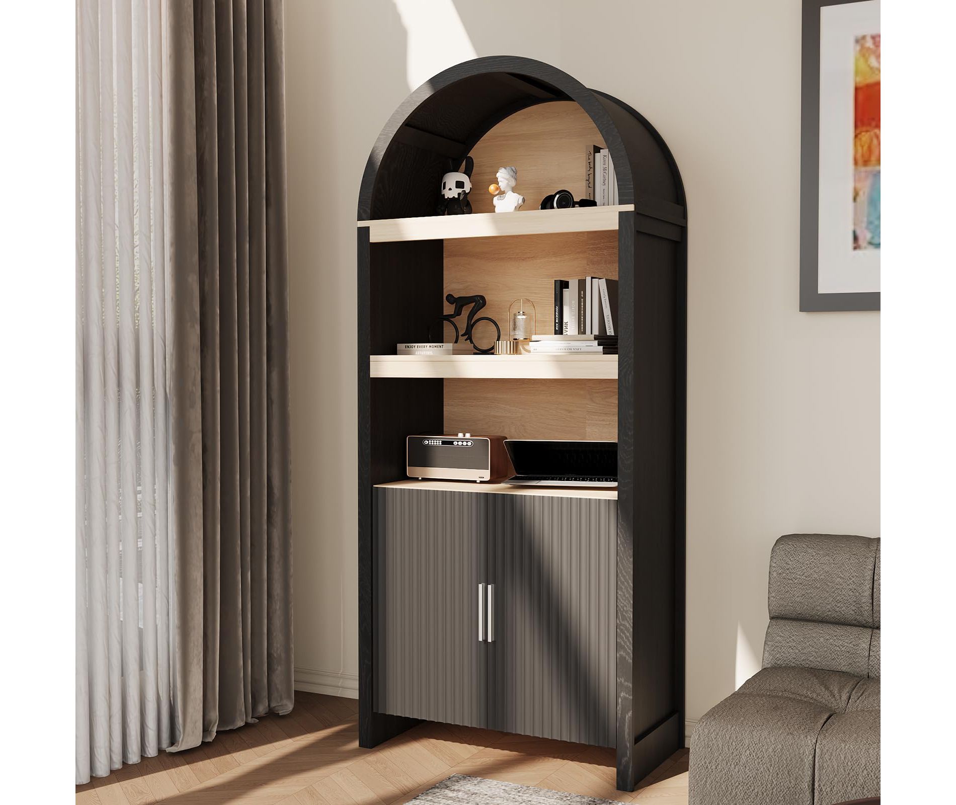 71" Tall Arched Bookcase, 5-Tier Arched Bookshelf with Mid Century Doors, Wooden Storage Cabinet with Open Display Shelves and Adjustable Shelf