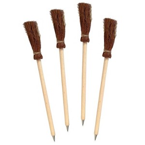 Spooktacular Fun! Witch Broom Pens (4 Pack) - Black Ink, Wooden Broom Handle, Halloween Stationery - 1 of 4