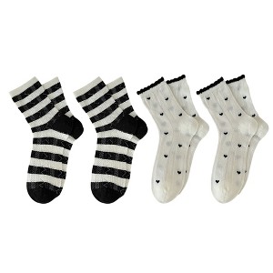 Anna-Kaci 4 Pairs Women's Crew Socks with Black and White Patterns Soft Cotton Texture Heart and Stripe for Flats and Dress Shoes - 1 of 4