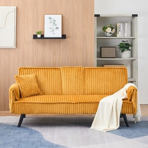 72.04'' Corduroy 3-Seater Sofa with 1 Pillow, Oak and Plastic Legs, Retractable Cup Holders and Adjustable Backrest - 1 of 4